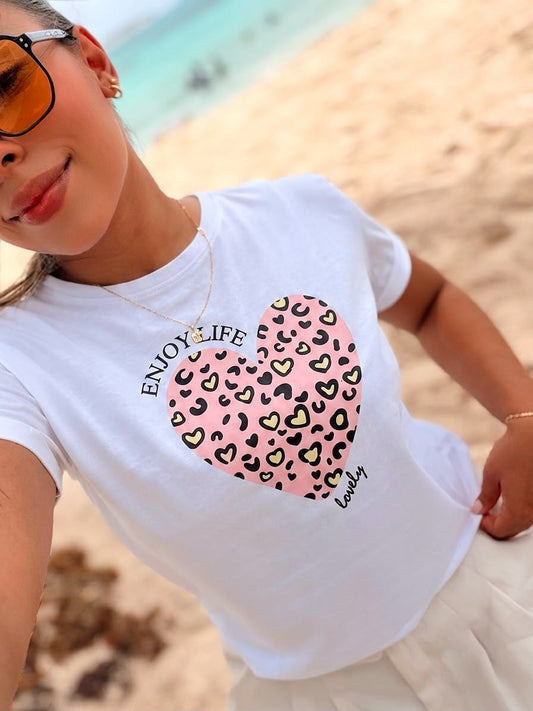 Camiseta regular fit - "Enjoy Life" Corazón Animal Print